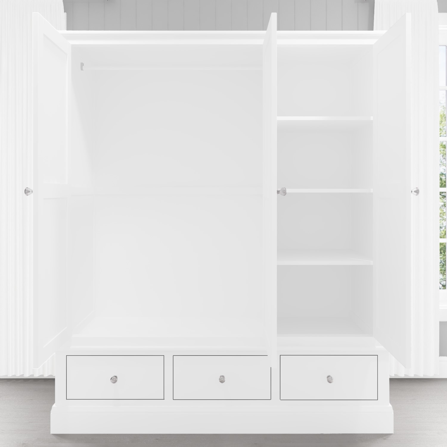 harper white solid wood 3 door 3 drawer wardrobe