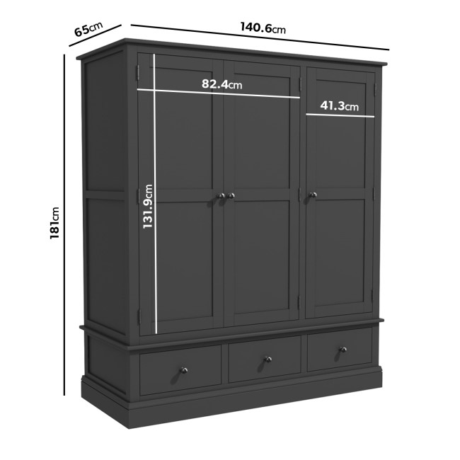 Grey Painted 3 Door Wardrobe with Drawers - Harper