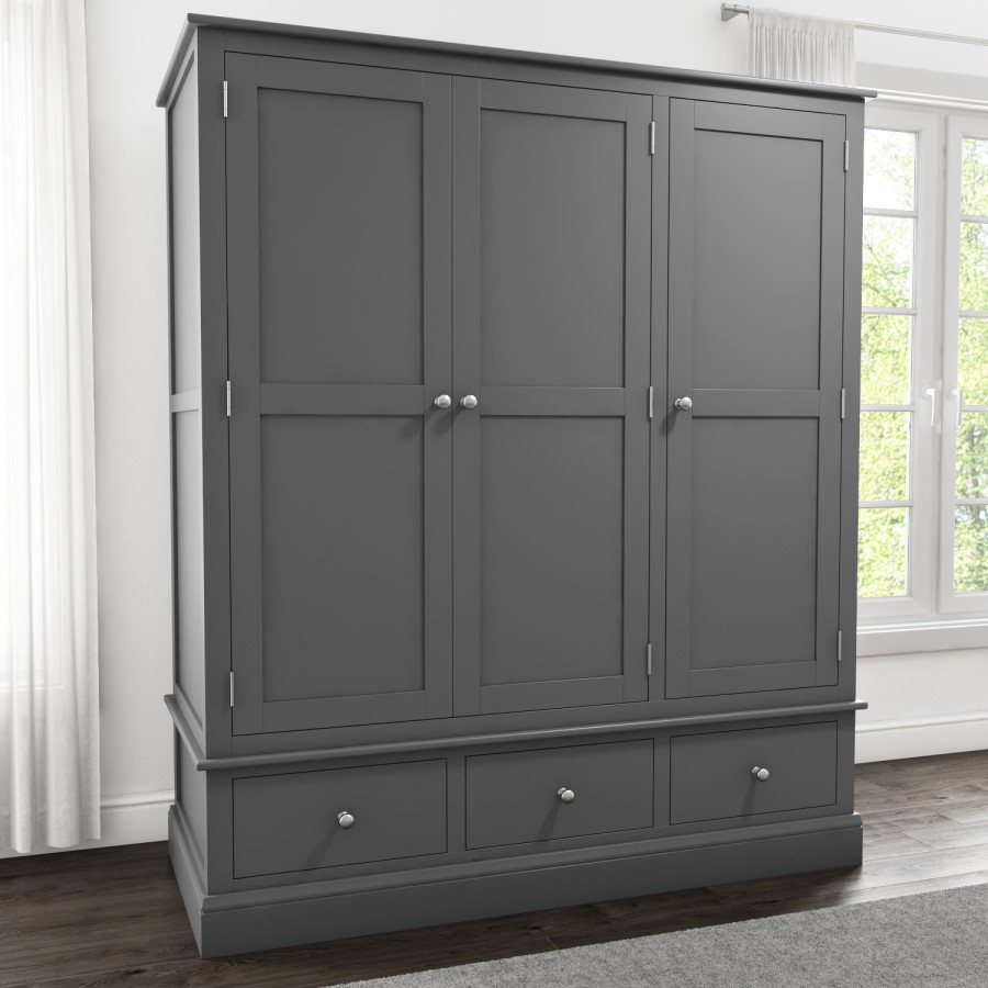 GRADE A1 - Harper Grey Solid Wood 3 Door 3 Drawer Wardrobe