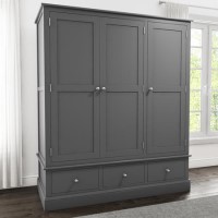 GRADE A1 - Harper Grey Solid Wood 3 Door 3 Drawer Wardrobe