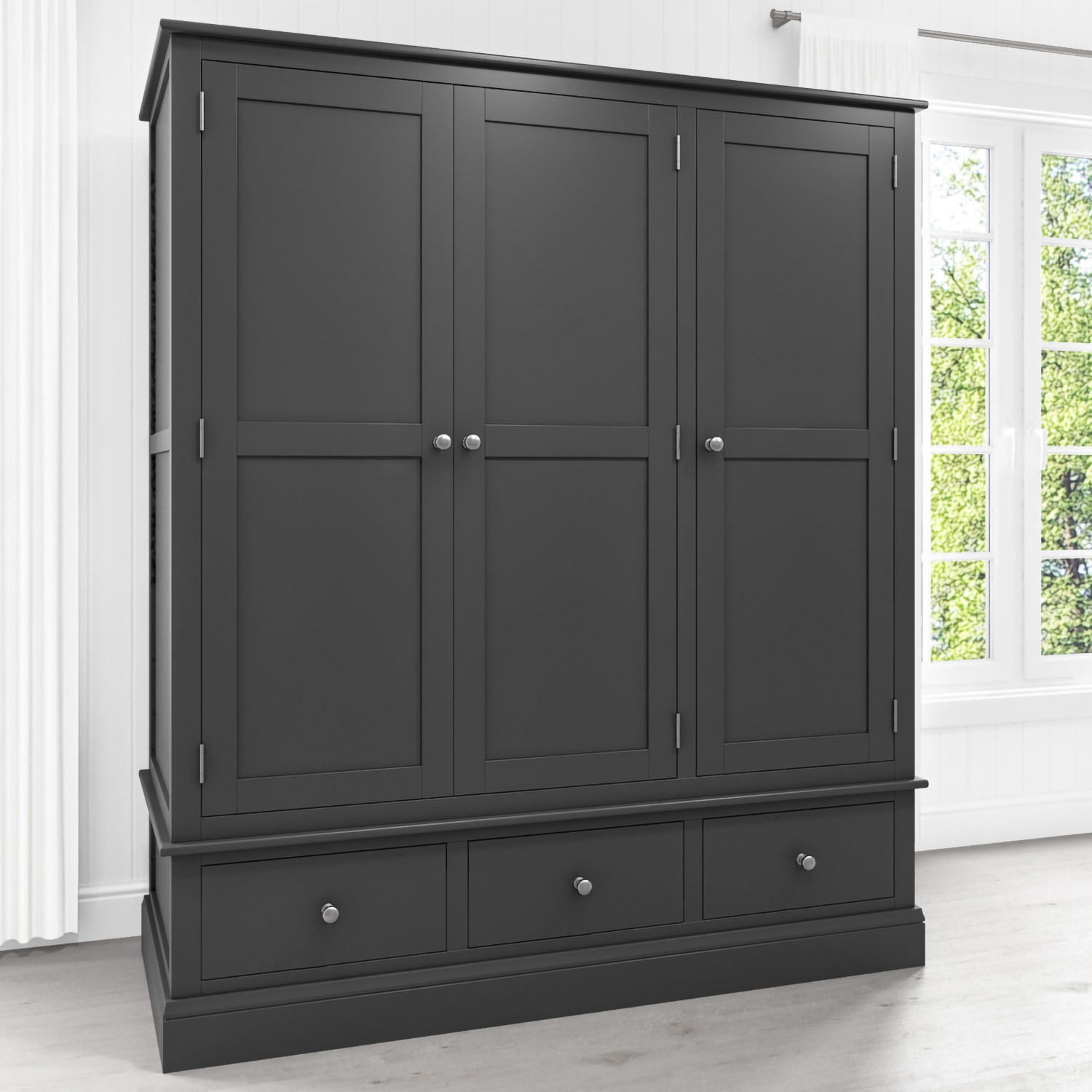 Harper Grey Solid Wood 3 Door 3 Drawer Wardrobe Furniture123