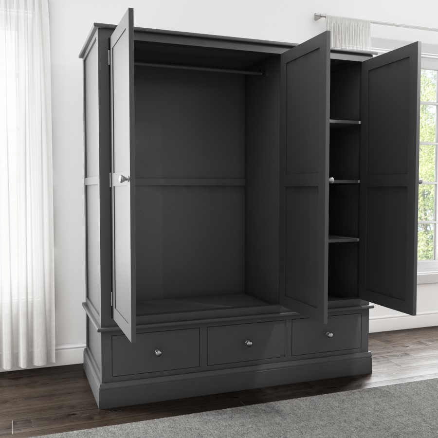 GRADE A1 - Harper Grey Solid Wood 3 Door 3 Drawer Wardrobe
