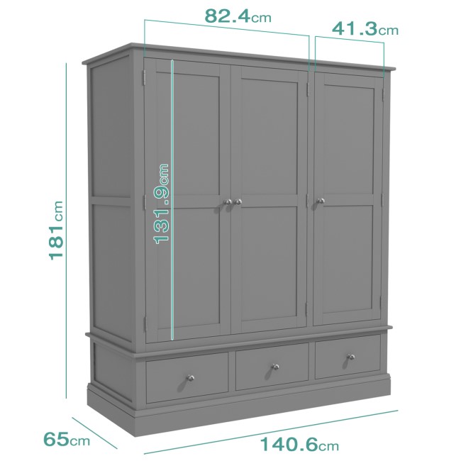 Harper Grey Solid Wood 3 Door 3 Drawer Wardrobe