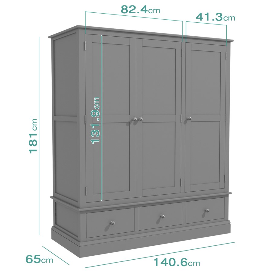 GRADE A1 - Harper Grey Solid Wood 3 Door 3 Drawer Wardrobe