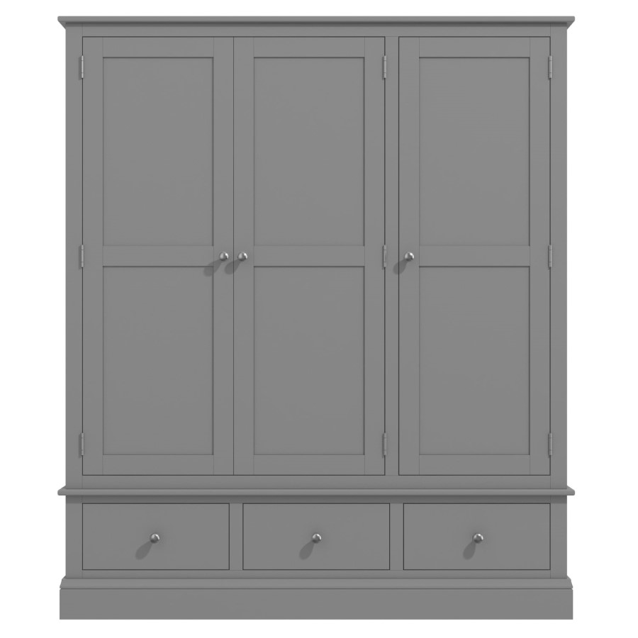 GRADE A2 - Harper Grey Solid Wood 3 Door 3 Drawer Wardrobe