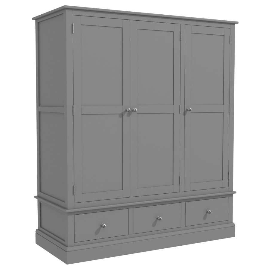 GRADE A1 - Harper Grey Solid Wood 3 Door 3 Drawer Wardrobe
