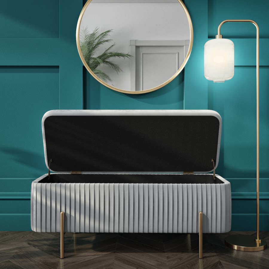 Silver Grey Pleated Velvet Ottoman Blanket Box - Harriet 