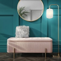 End-of-Bed Ottoman Storage Bench in Pink Pleated Velvet with Gold Legs - Harriet End-of-Bed Ottoman Storage Bench in Pink Pleated Velvet with Gold Legs - Harriet