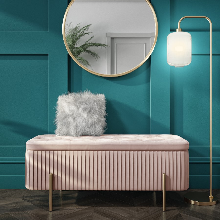 End-of-Bed Ottoman Storage Bench in Pink Pleated Velvet with Gold Legs - Harriet
