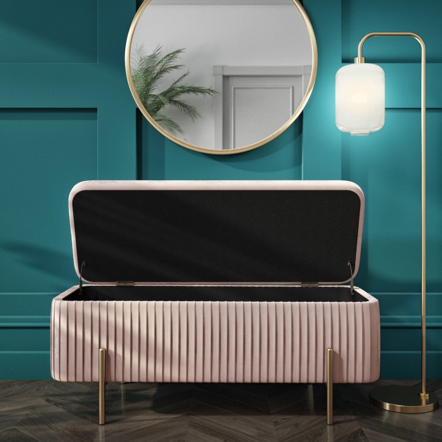 End-of-Bed Ottoman Storage Bench in Pink Pleated Velvet with Gold Legs - Harriet