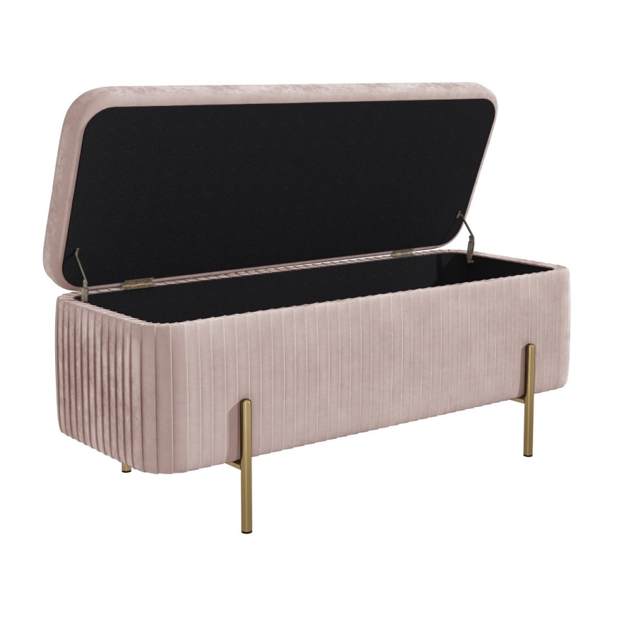 End-of-Bed Ottoman Storage Bench in Pink Pleated Velvet with Gold Legs - Harriet