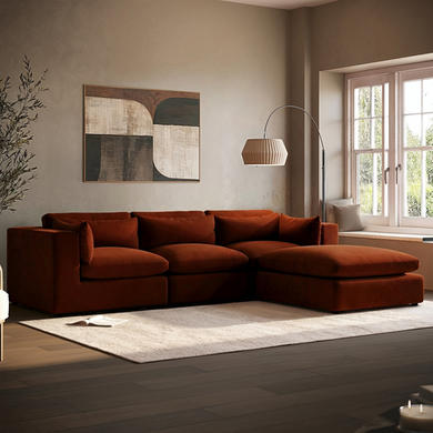 Large Burnt Orange Velvet Reversible 4 Seater Chaise Corner Sofa - Hudson