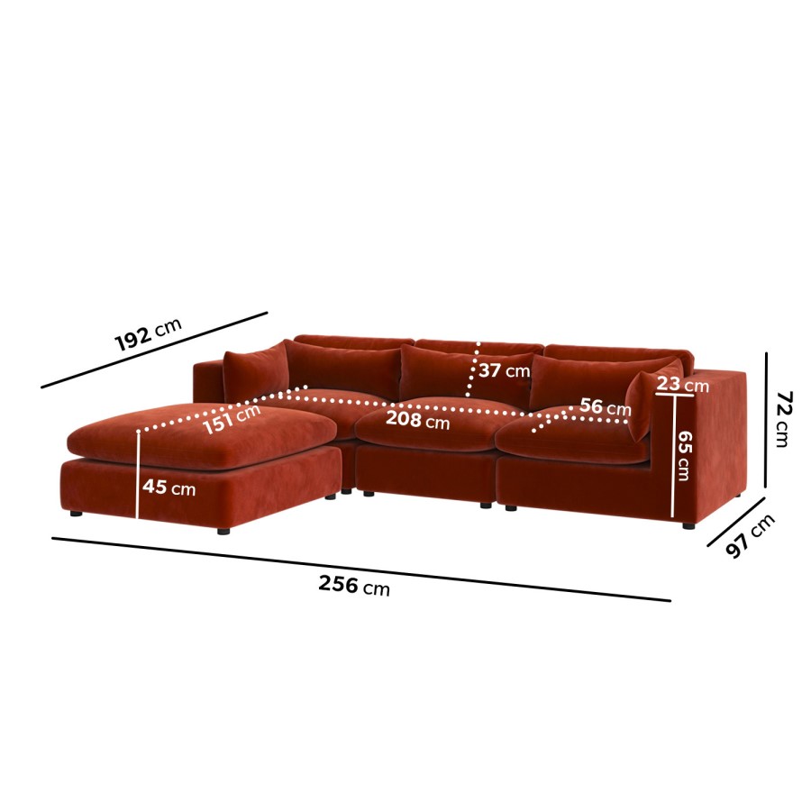 ONLY OPENED - Large Burnt Orange Velvet Reversible 4-Seater Corner Sofa - Hudson