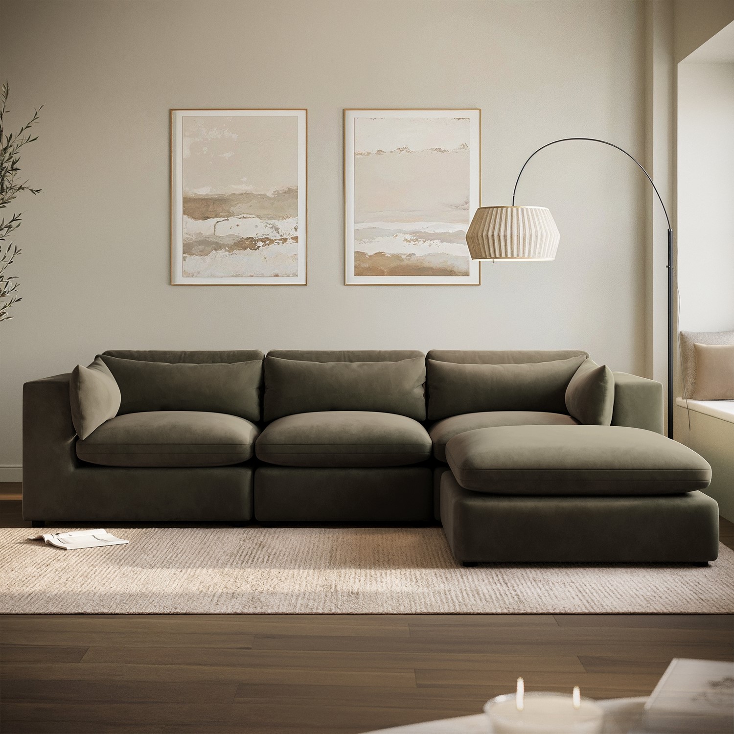 Hudson Green Large Khaki Velvet Reversible 4 Seater Chaise Corner Sofa