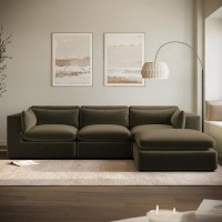 Large Khaki Green Velvet Reversible 4 Seater Chaise Corner Sofa - Hudson