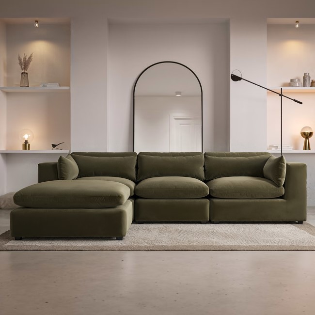 Large Khaki Green Velvet Reversible 4 Seater Corner Sofa - Hudson