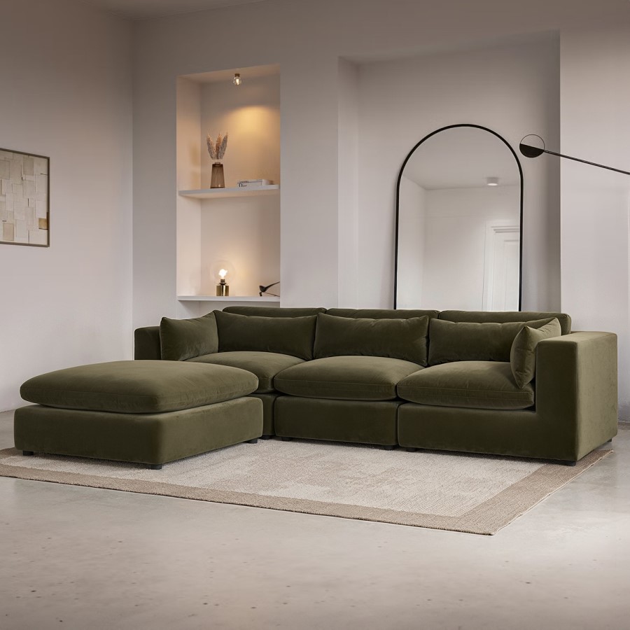 ALMOST PERFECT - Hudson Khaki Green Velvet 4 Seater L Shaped Sofa