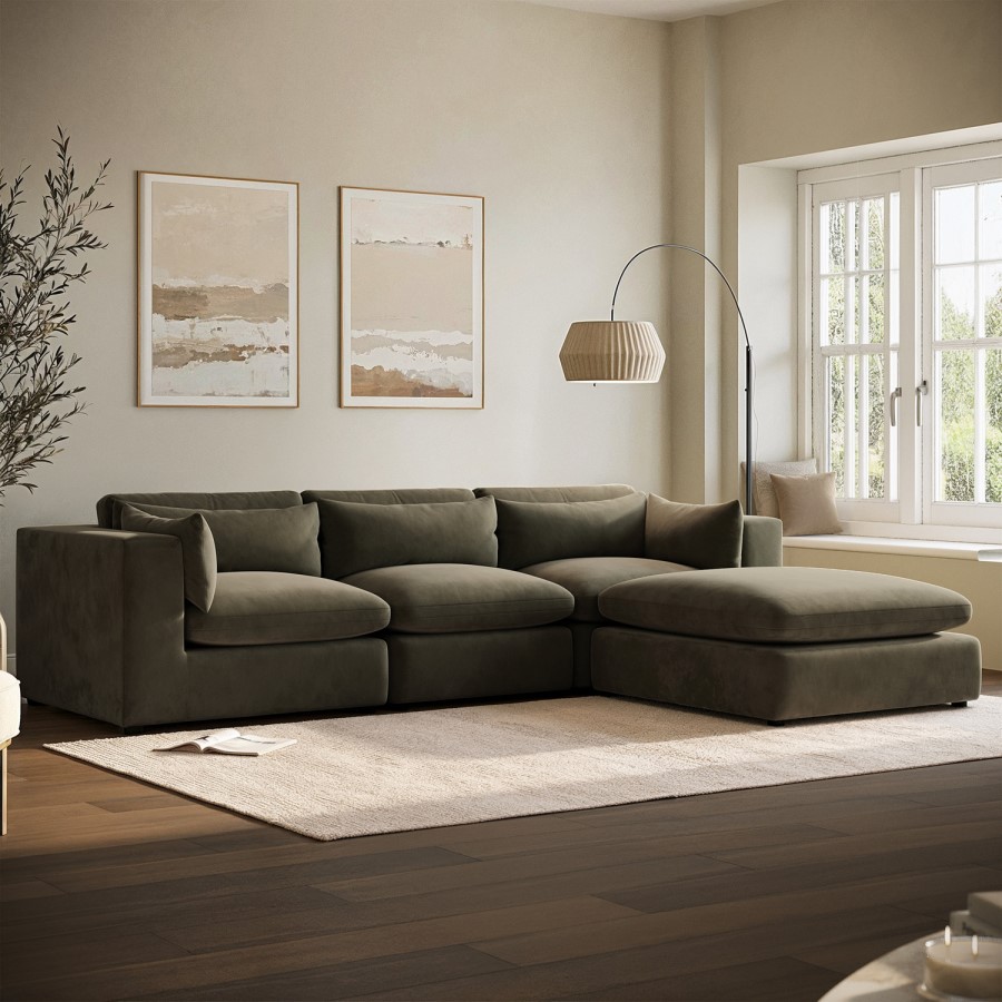 Large Khaki Green Velvet Reversible 4 Seater Chaise Corner Sofa - Hudson