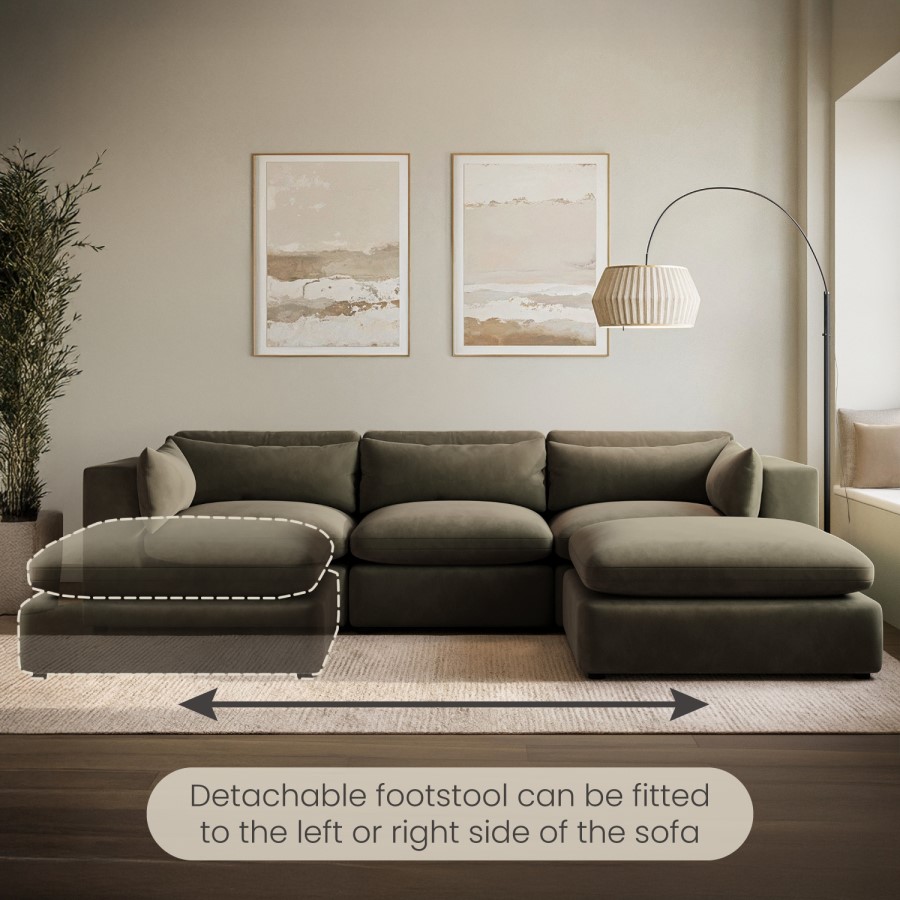 Large Khaki Green Velvet Reversible 4 Seater Chaise Corner Sofa - Hudson