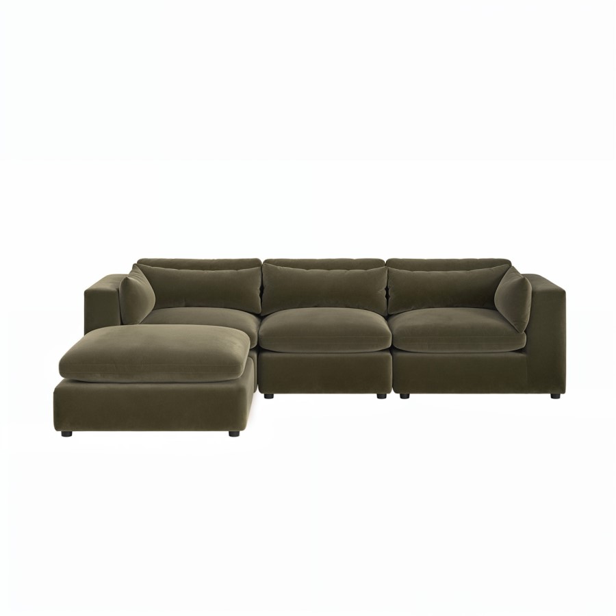 Large Khaki Green Velvet Reversible 4 Seater Chaise Corner Sofa - Hudson