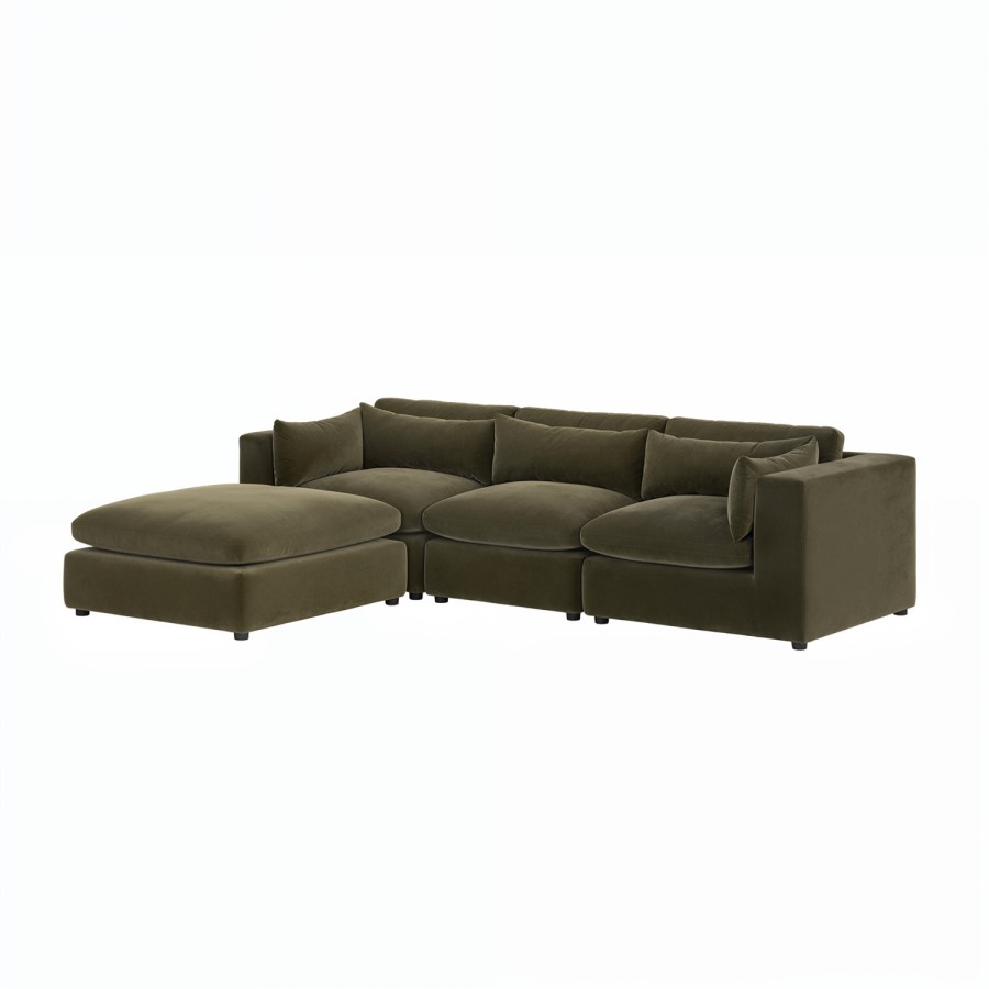 Large Khaki Green Velvet Reversible 4 Seater Chaise Corner Sofa - Hudson