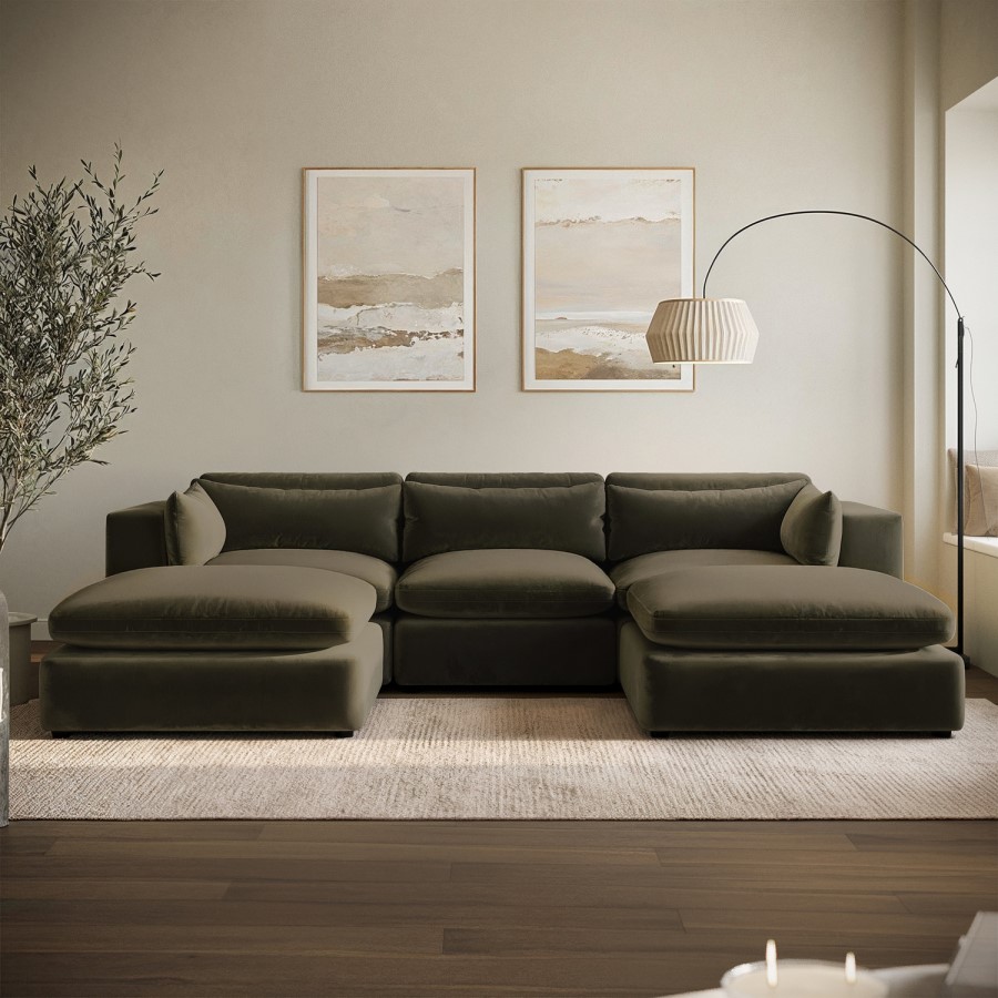 Large Khaki Green Velvet Reversible 4 Seater Chaise Corner Sofa - Hudson