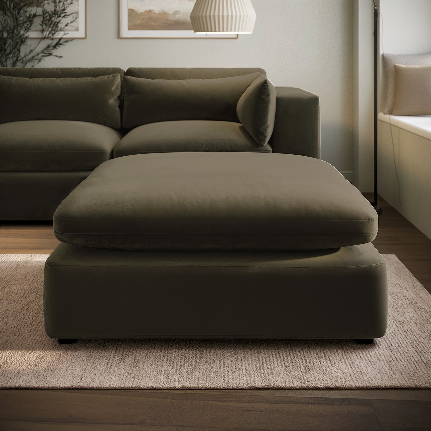 Khaki Green Velvet Footstool