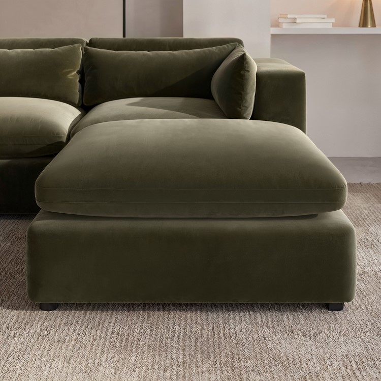 Khaki Green Velvet Footstool - Hudson