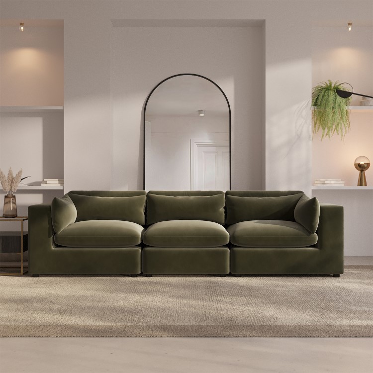 Large Khaki Green Velvet 4 Seater Sofa - Hudson