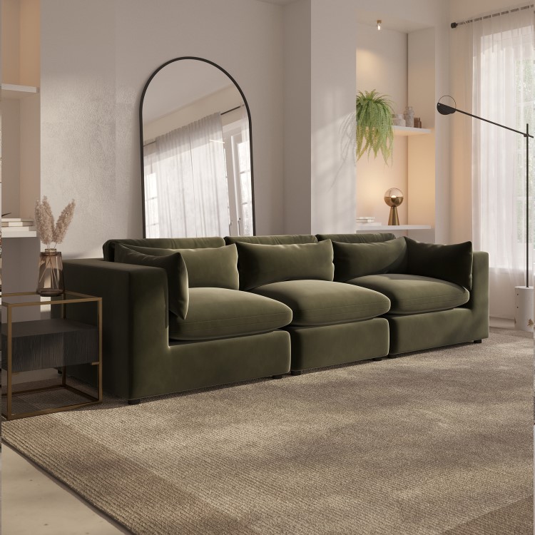 Large Khaki Green Velvet 4 Seater Sofa - Hudson