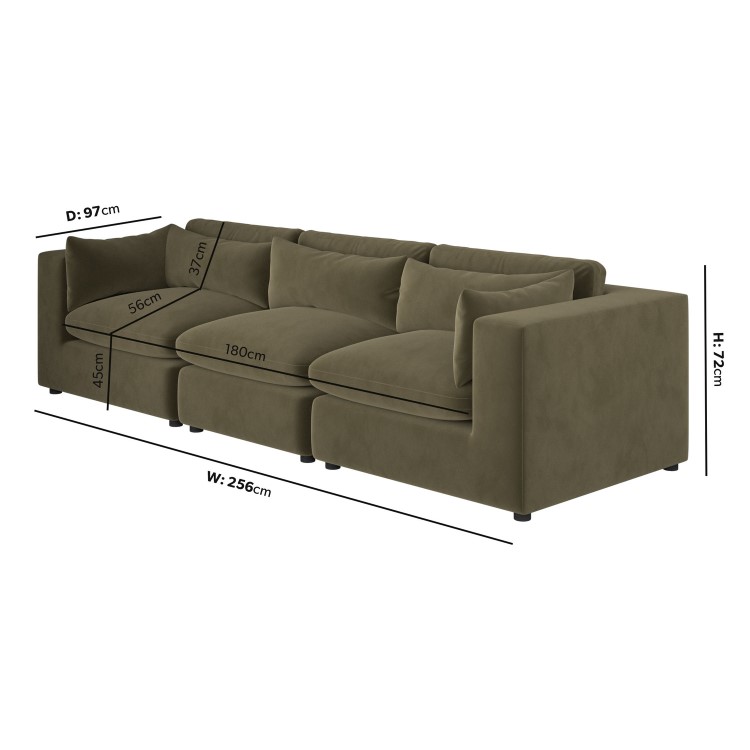 Large Khaki Green Velvet 4 Seater Sofa - Hudson