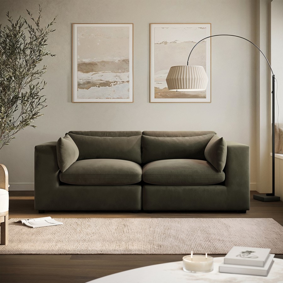 Khaki Green Velvet 3 Seater Sofa - Hudson
