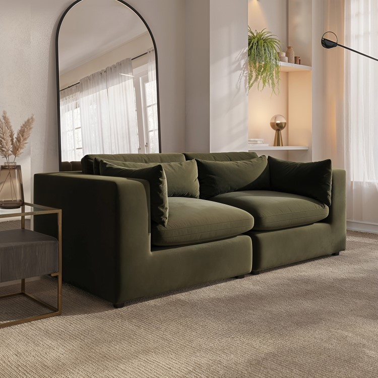 Khaki Green Velvet 3 Seater Sofa - Hudson