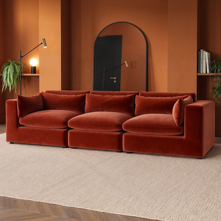 Large Burnt Orange Velvet 4 Seater Sofa - Hudson