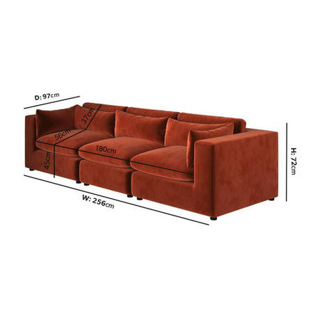 Large Burnt Orange Velvet 4 Seater Sofa - Hudson