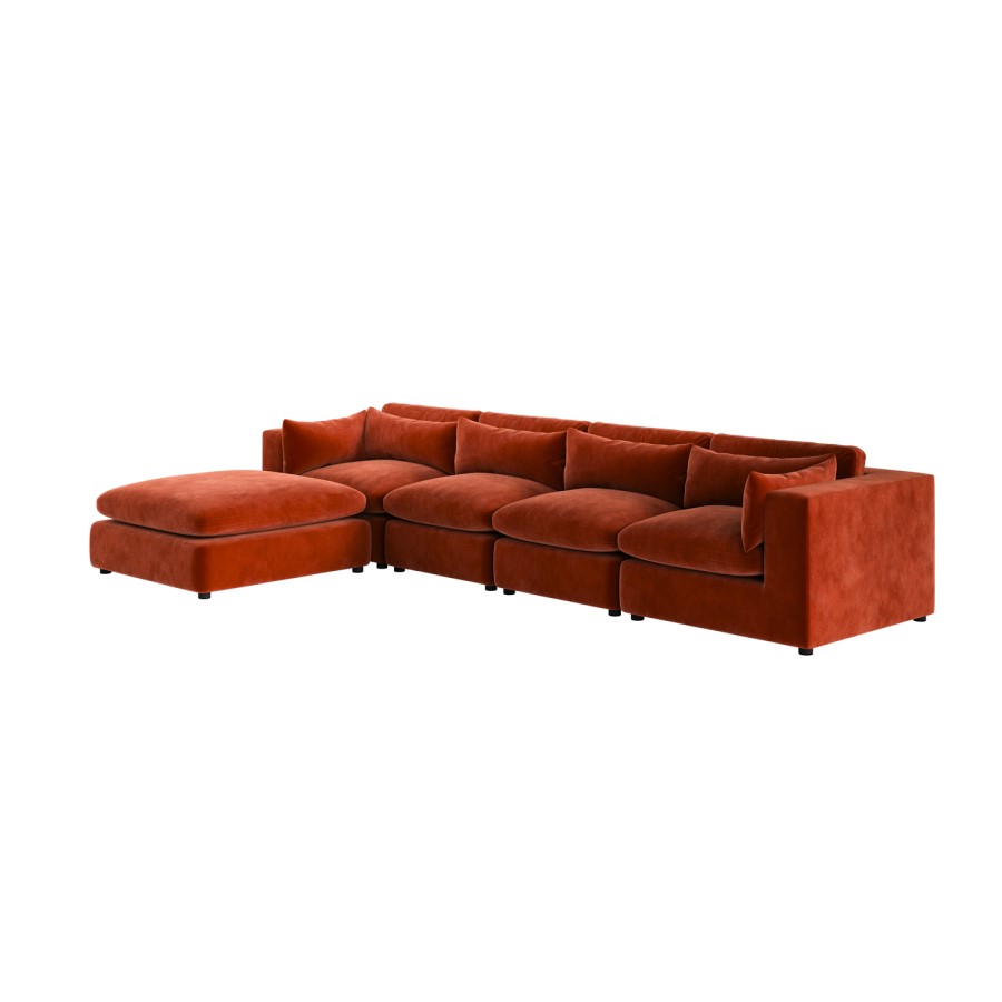 Burnt Orange Velvet 5 Seater L-Shape Corner Sofa with Reversible Chaise - Hudson