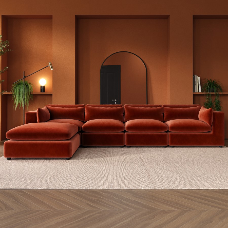 GRADE A2 - Large Burnt Orange Velvet Reversible 5 Seater Chaise Corner Sofa - Hudson