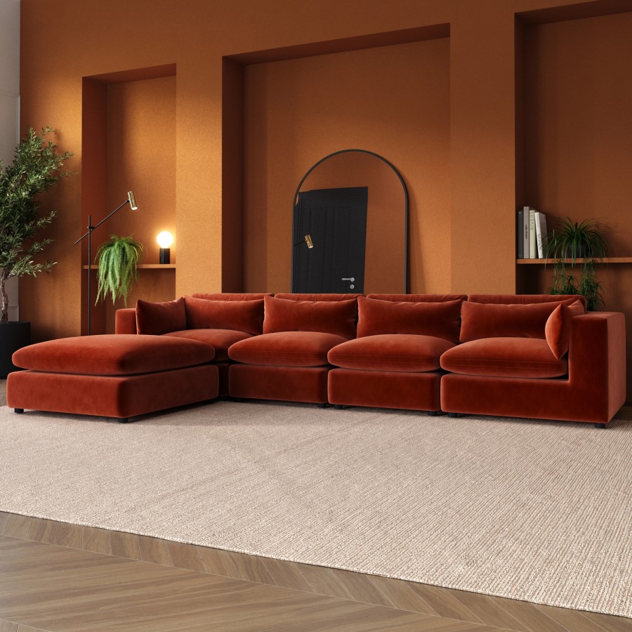 GRADE A2 - Large Burnt Orange Velvet Reversible 5 Seater Chaise Corner Sofa - Hudson