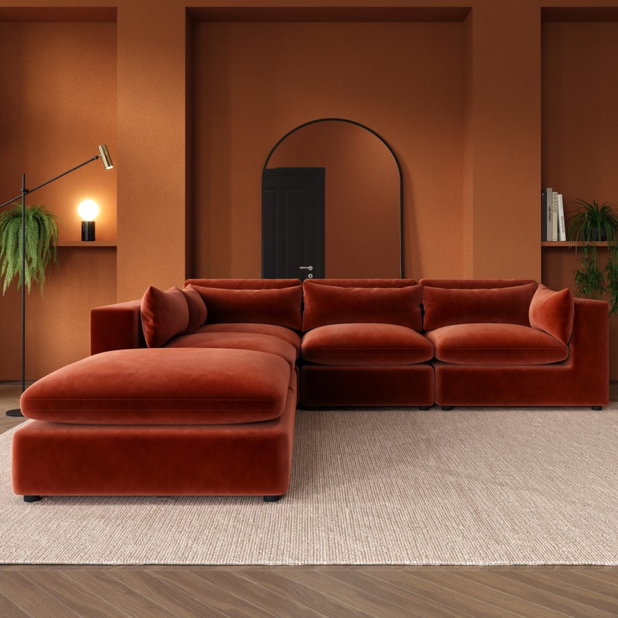 ALMOST PERFECT - Large Burnt Orange Velvet 5 Seater Modular Corner Sofa - Hudson