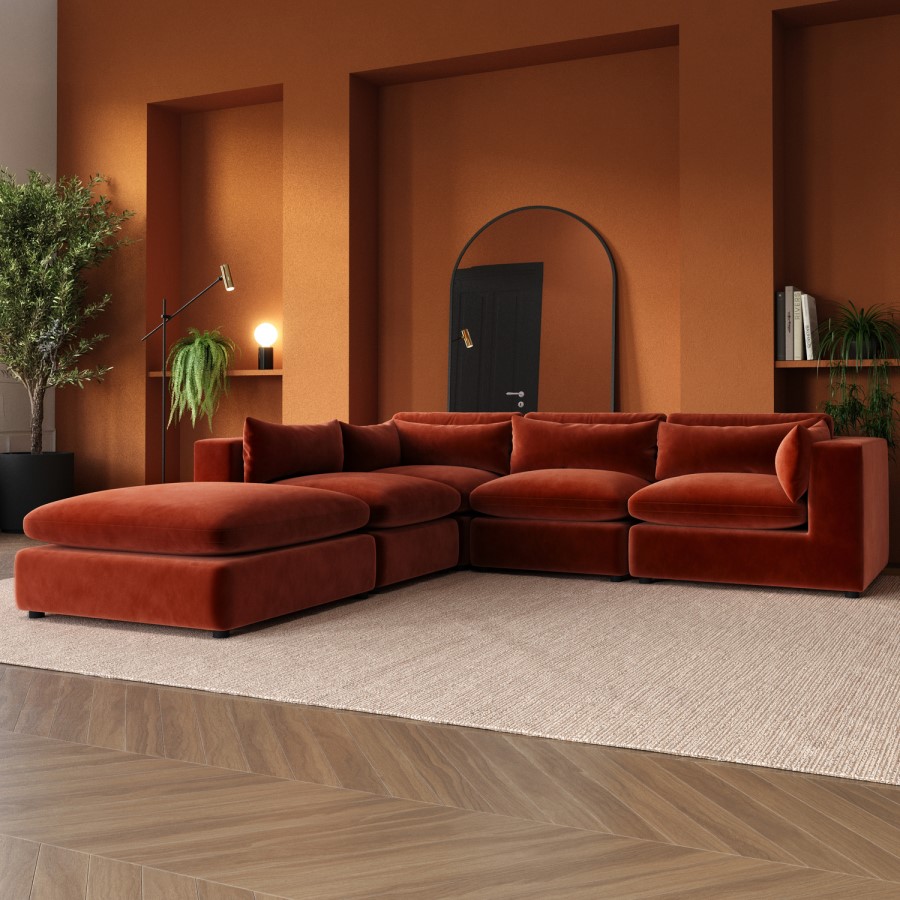 ALMOST PERFECT - Large Burnt Orange Velvet 5 Seater Modular Corner Sofa - Hudson