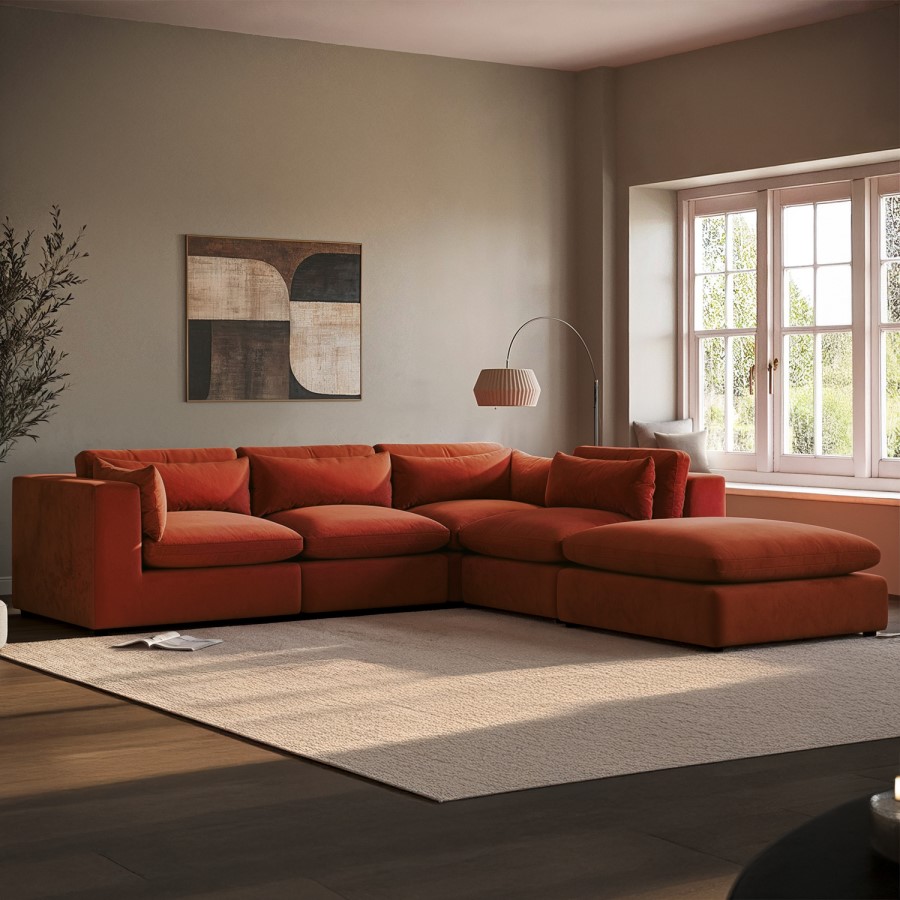 Large Burnt Orange Velvet 5 Seater Modular Corner Sofa - Hudson