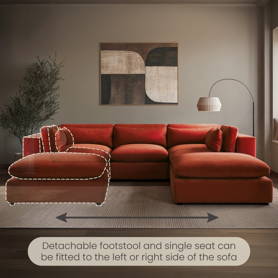 ALMOST PERFECT - Large Burnt Orange Velvet 5 Seater Modular Corner Sofa - Hudson