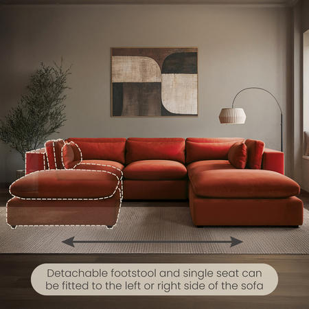 Large Burnt Orange Velvet 5 Seater Modular Corner Sofa - Hudson