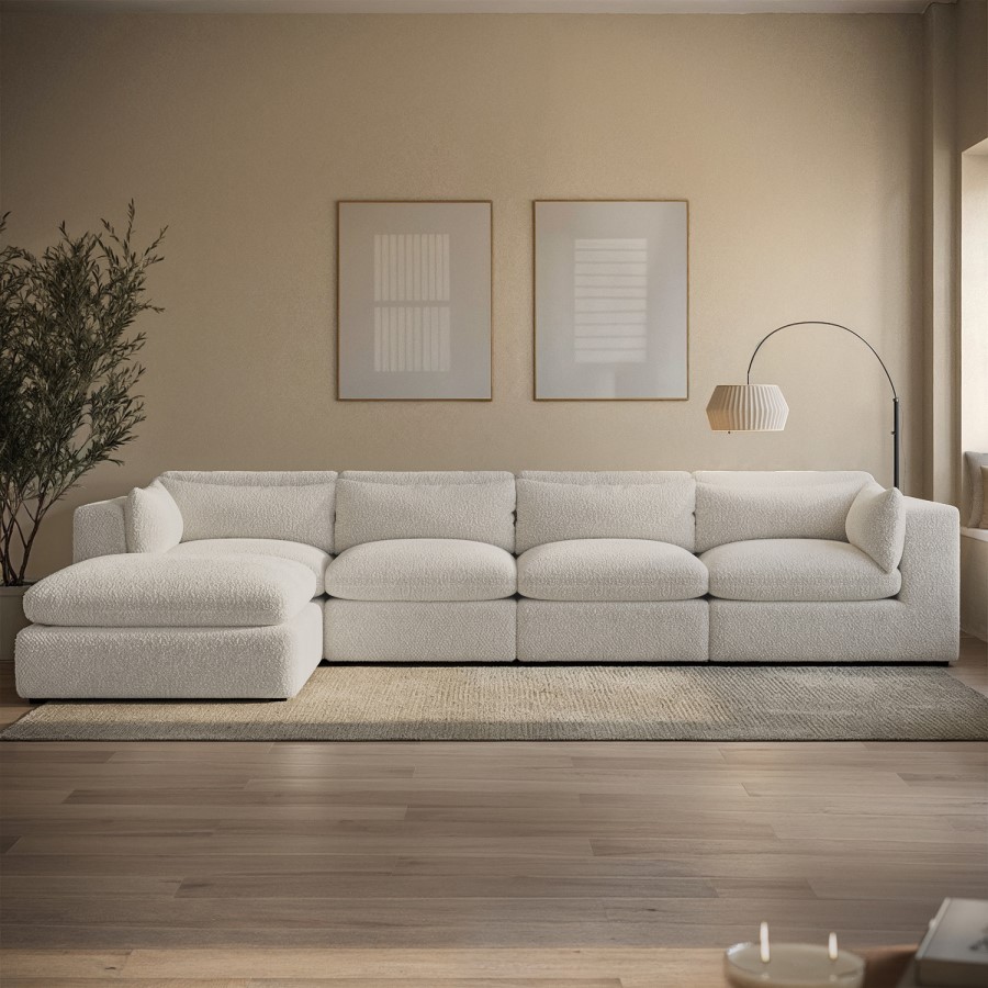 Large Beige Boucle Reversible 5 Seater Chaise Corner Sofa - Hudson