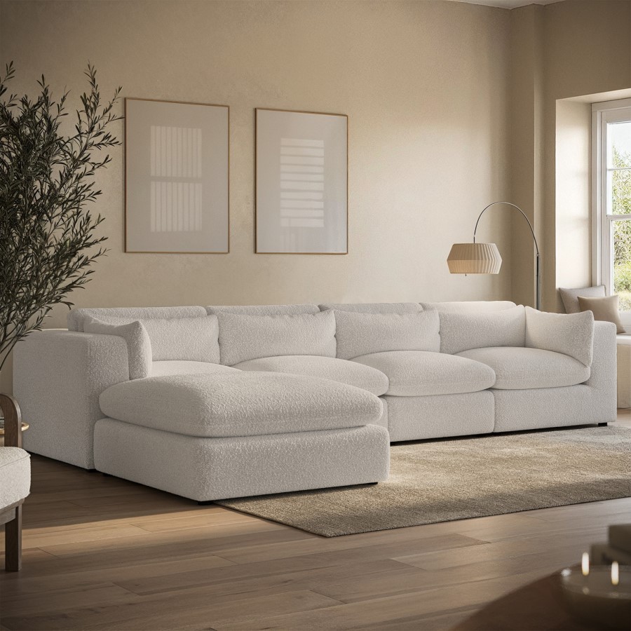 Large Beige Boucle Reversible 5 Seater Chaise Corner Sofa - Hudson