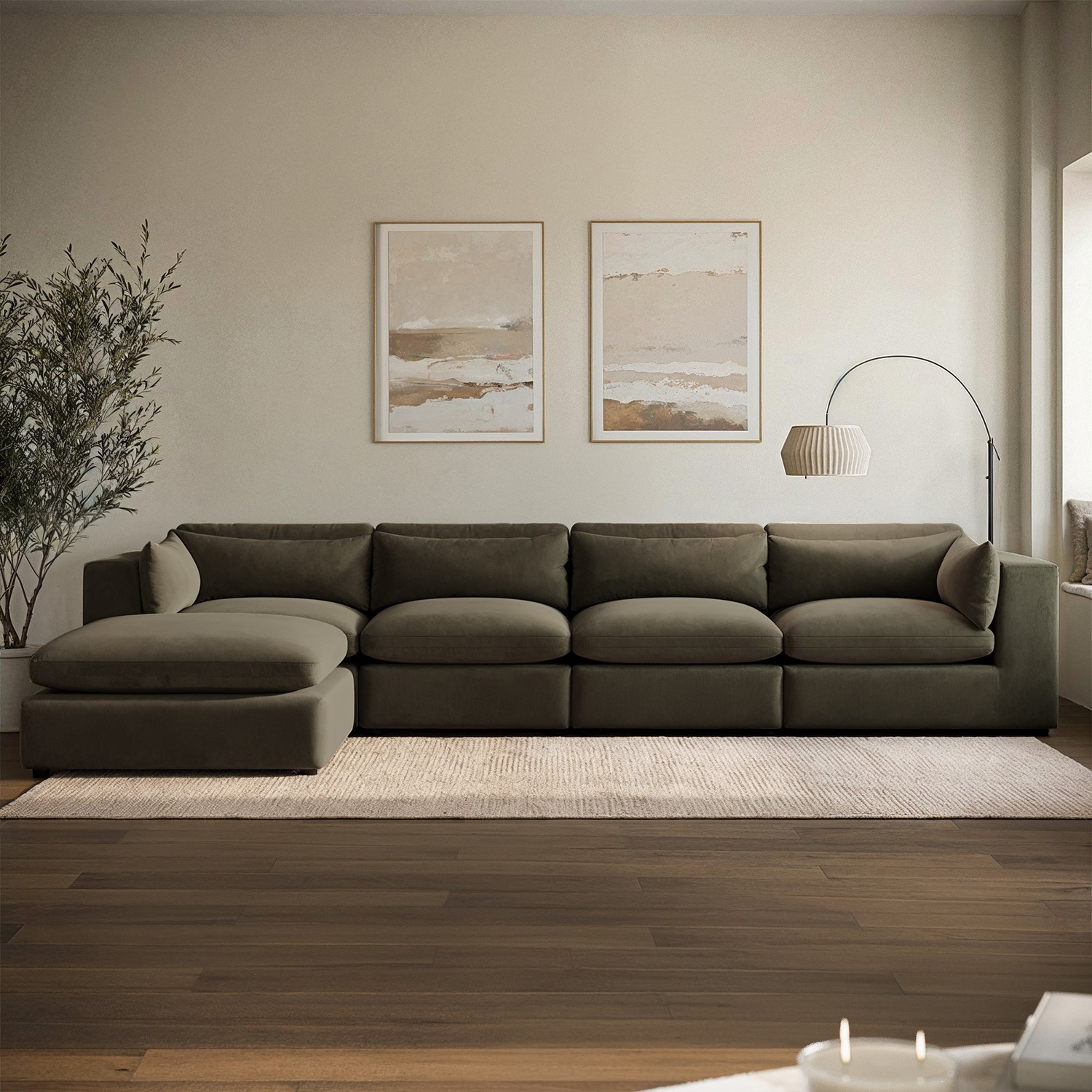 Khaki Green Velvet 5 Seater L Shape Corner Sofa Reversible Chaise