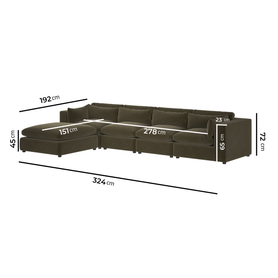 Large Khaki Velvet Reversible 5 Seater Chaise Corner Sofa - Hudson