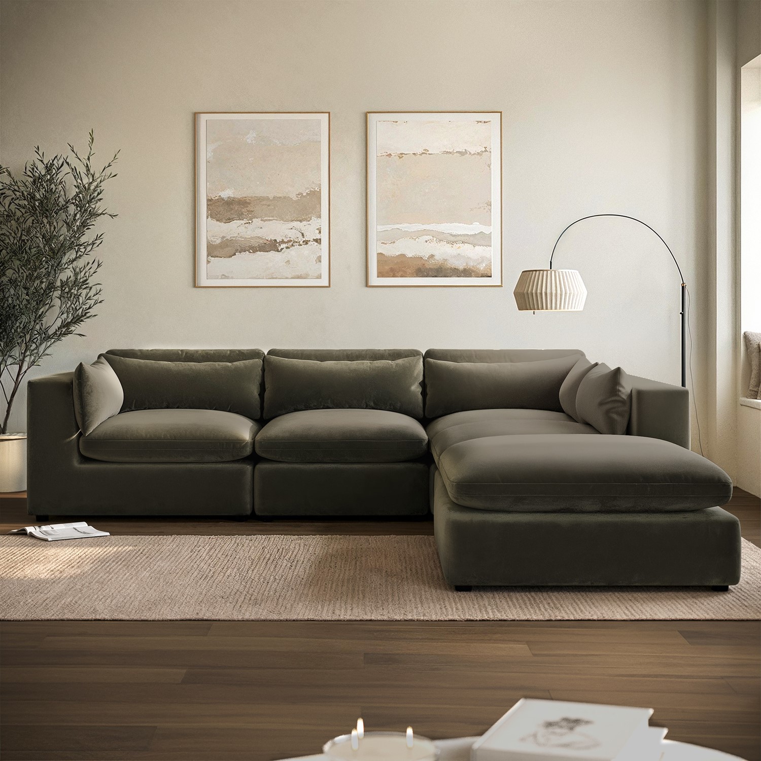 Khaki Green Velvet 5 Seater L Shape Modular Corner Sofa Reversible Chaise