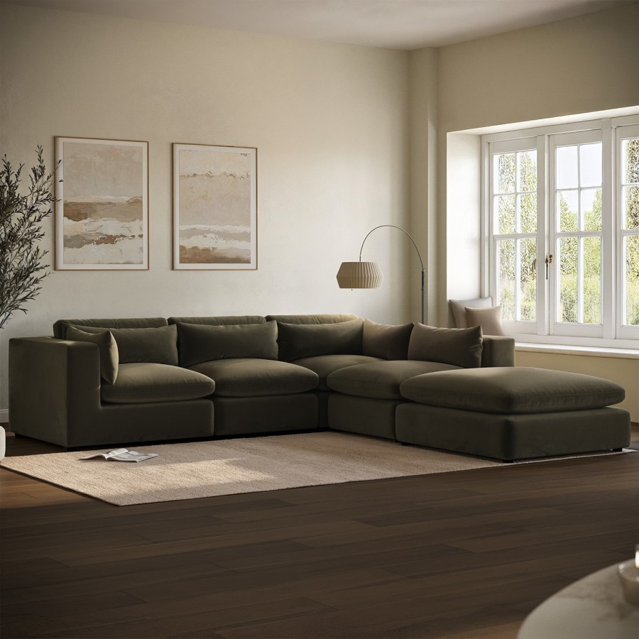Large Khaki Velvet 5 Seater Modular Corner Sofa - Hudson