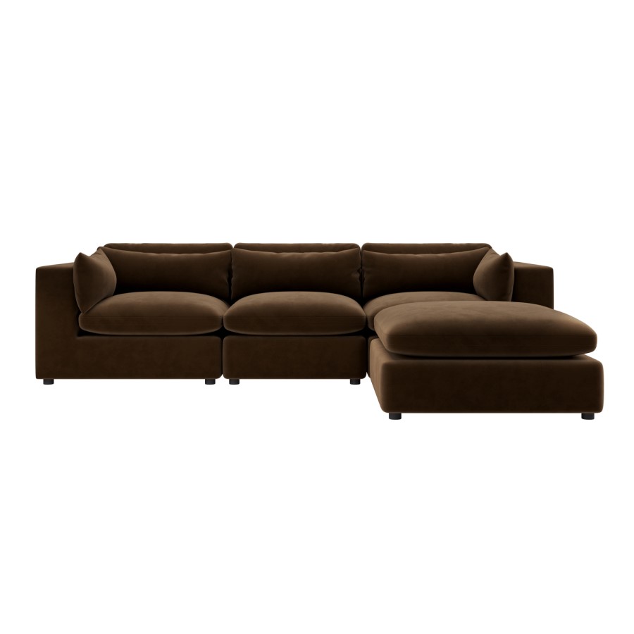 Chocolate Brown Velvet 4-Seater L-Shape Corner Sofa with Reversible Chaise - Hudson